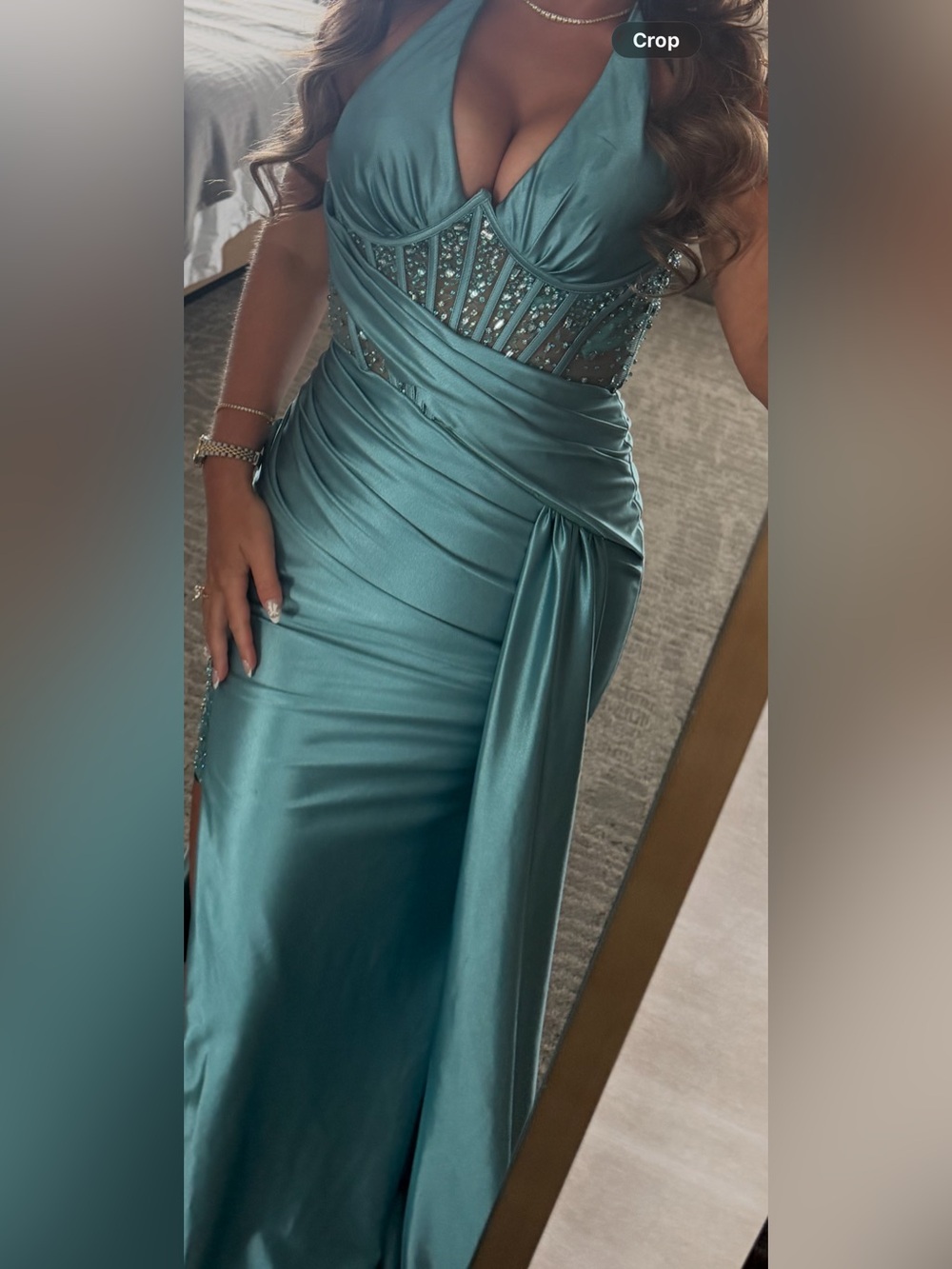 Camilla Teal Satin Prom Gown with Rhinestone Corset